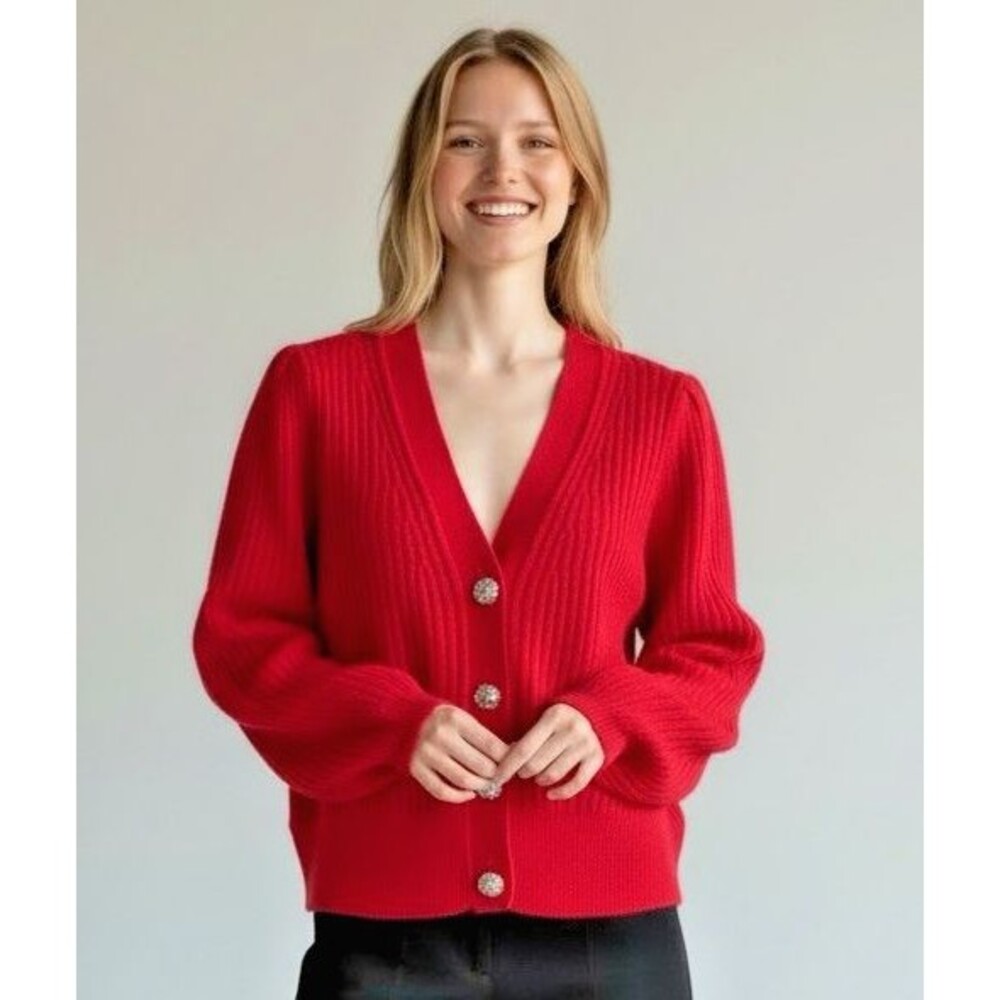 Talbots NEW womens 100% cashmere red cardigan rhinestone cardigan sweater Small